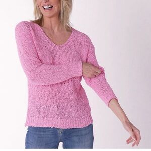 Brian Bailey Pink Cotton Blend V-Neck Open Weave Long Sleeve Large Sweater